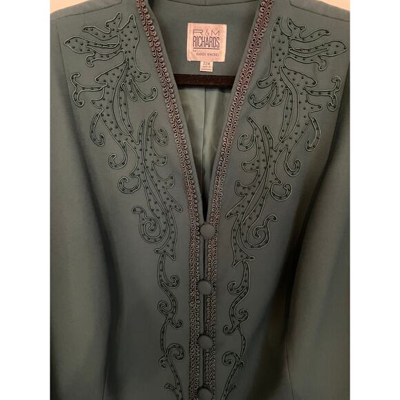 VTG R&M Richards Karen Kwong 22W Dress Suit Top Green Embroidered Lined Formal - Picture 3 of 11